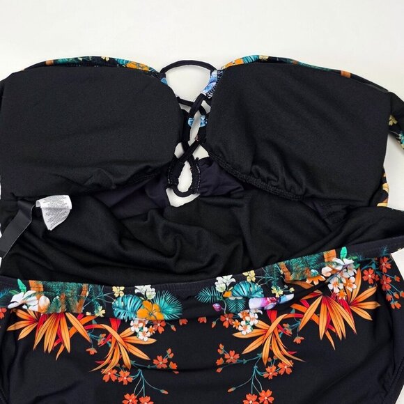 Kenneth Cole Off Shoulder Floral Tropical Stripe One Piece Swim Suit NEW - L - Picture 8 of 11